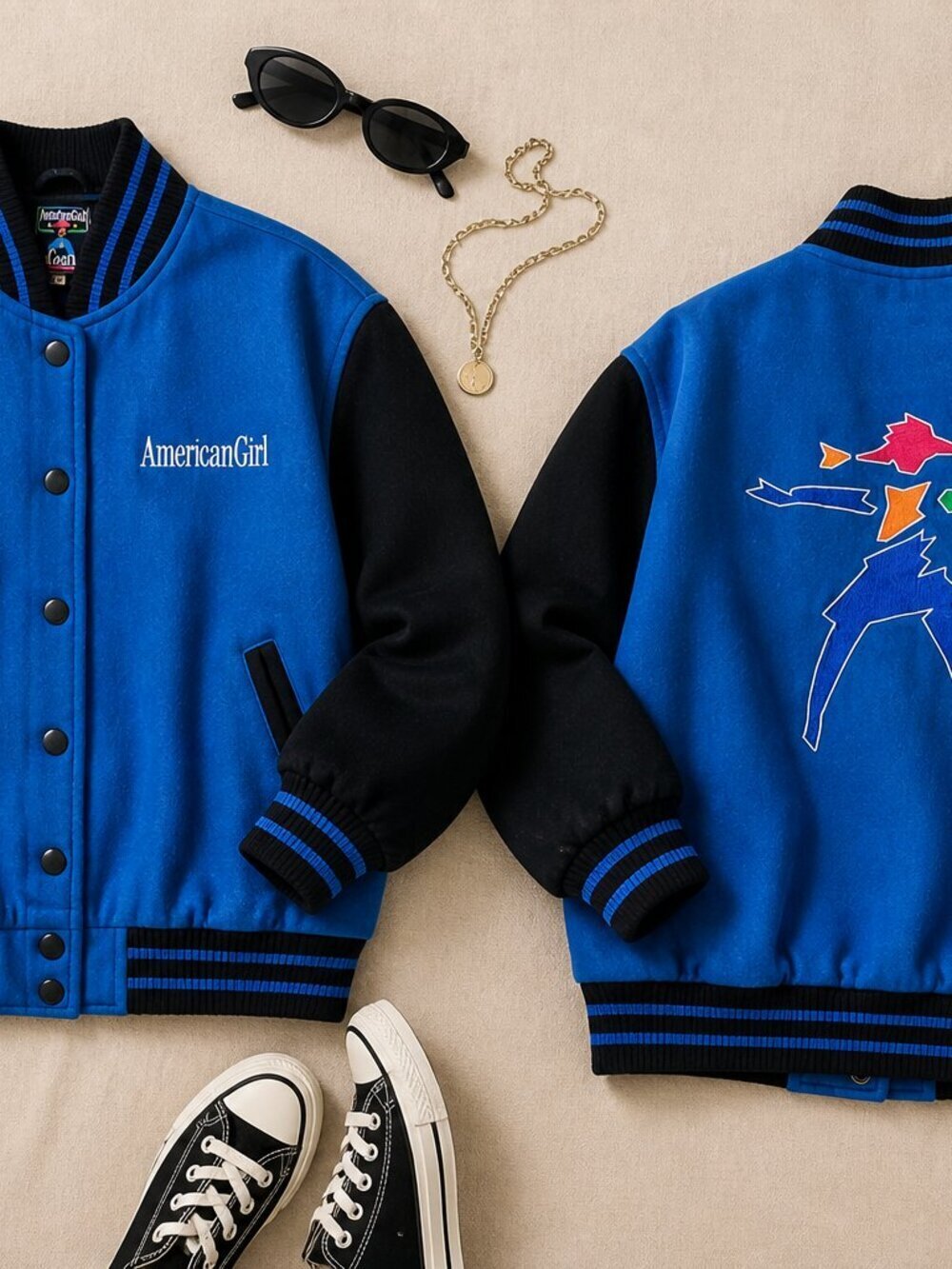American Girl Gear Varsity Jacket Blue Black Wool Snap Bomber Sz S